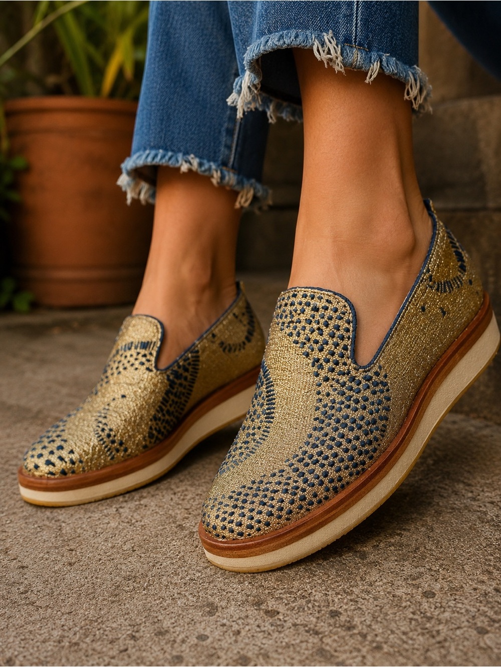 Free People Metallic Embroidered Slip On Platform Loafers 38 Gold Blue (7.5/8)